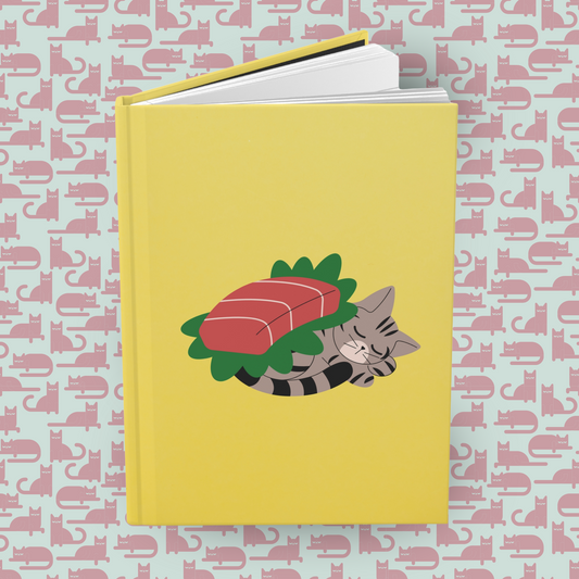 Sashimi Dreamy Kitty Hardcover Journal Notebook Matte | Cute Cat Journal | Sushi Themed Blank Lined Notepad | Kawaii Sushi Cat Diary