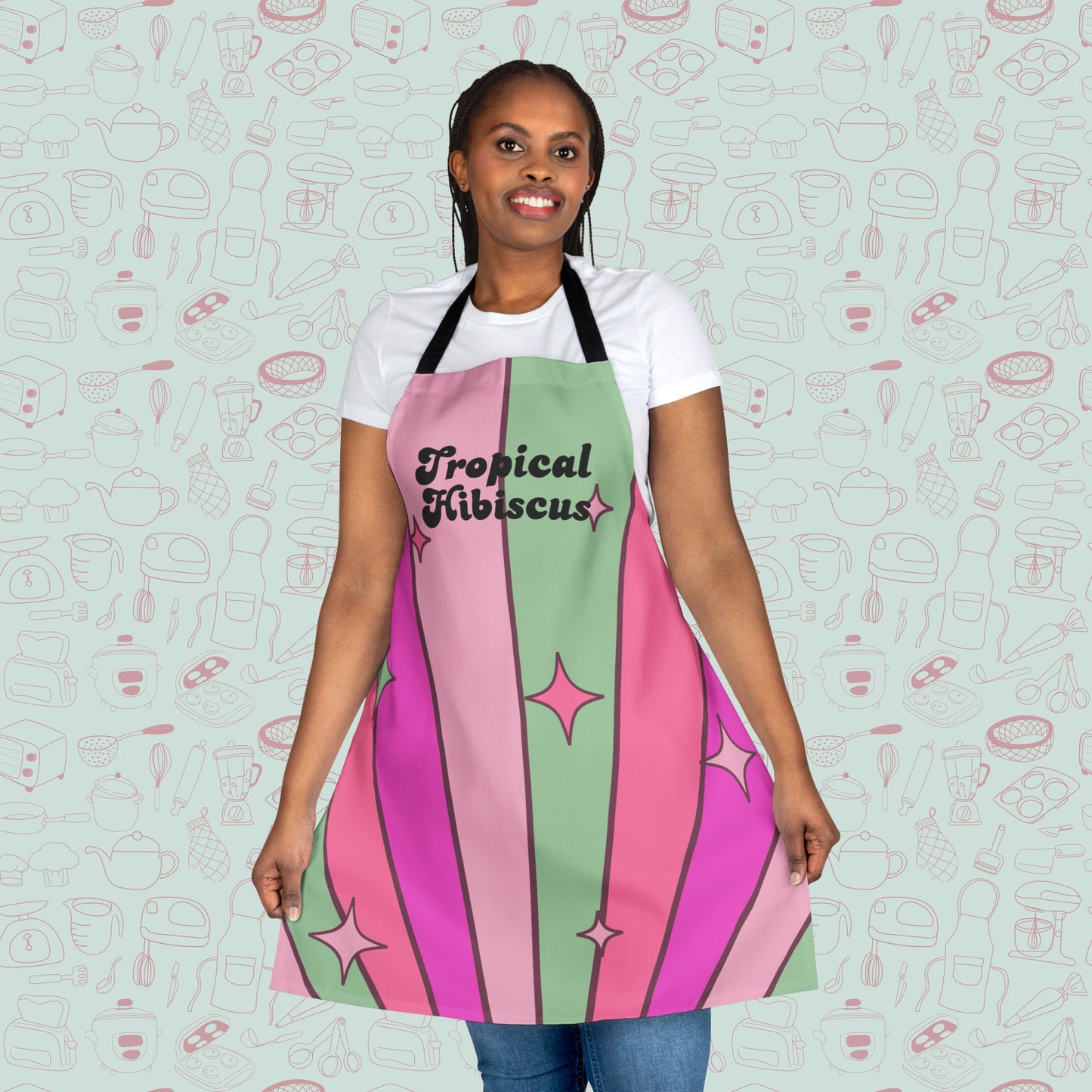 Tropical Hibiscus Custom Apron | Groovy Cooking Apron | Pastel Sunburst BBQ Apron 5-Color Straps (AOP)