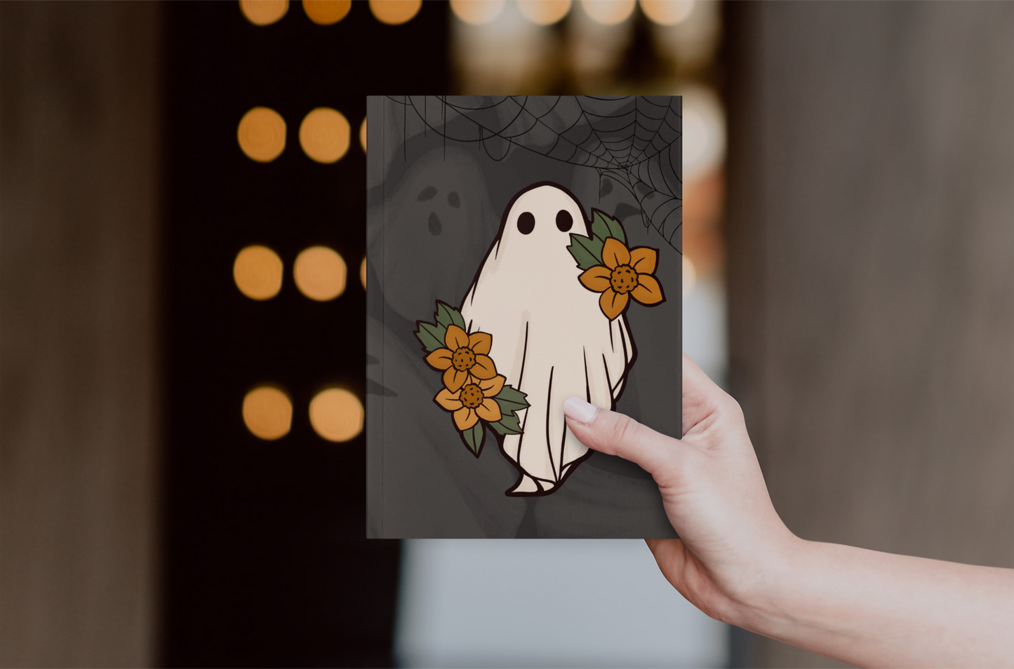 Ghost Flowers and Spiderwebs Hardcover Journal Notebook Matte | Ghostie Composition Journal | Flower Themed Blank Lined Notepad | Spooky Diary | Spiderweb Notes