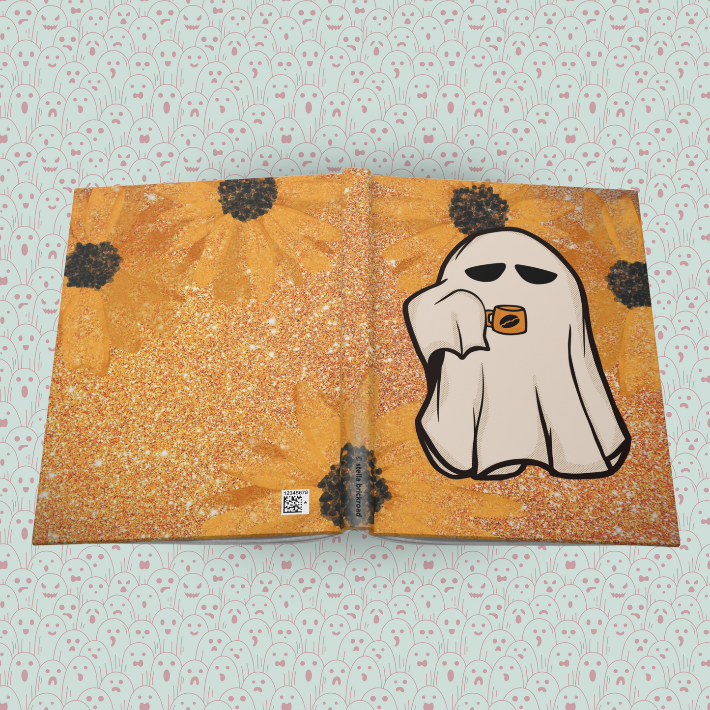 Sunflower Coffee Ghost Hardcover Journal Notebook Matte | Ghostie Composition Journal | Flower Themed Blank Lined Notepad | Spooky Diary | Coffee Notes