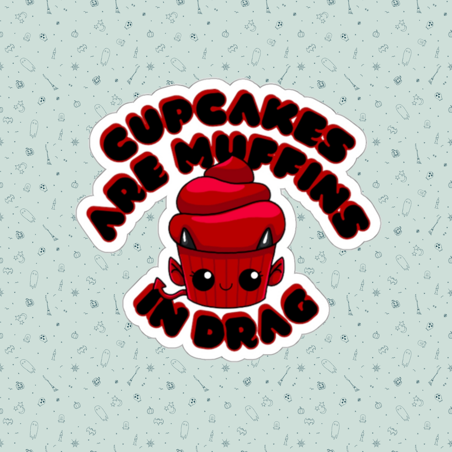 Red Devil Drag Cupcake Couture Die-Cut Sticker | Cupcakes are Muffins in Drag | Drag Queen Stickers | Spooky Halloween Pastry | Monster Cupcake Madness