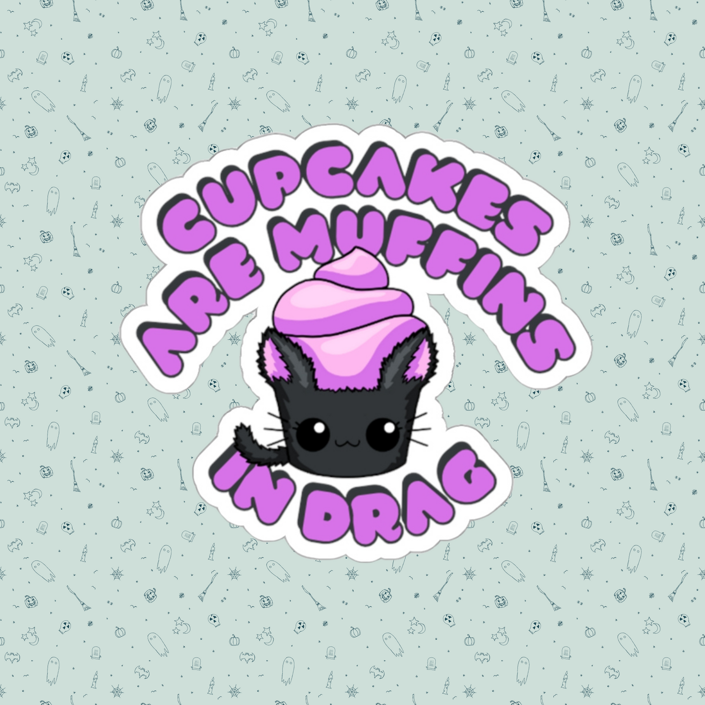 Black Cat Drag Cupcake Couture Die-Cut Sticker | Cupcakes are Muffins in Drag | Drag Queen Stickers | Spooky Halloween Pastry | Monster Cupcake Madness