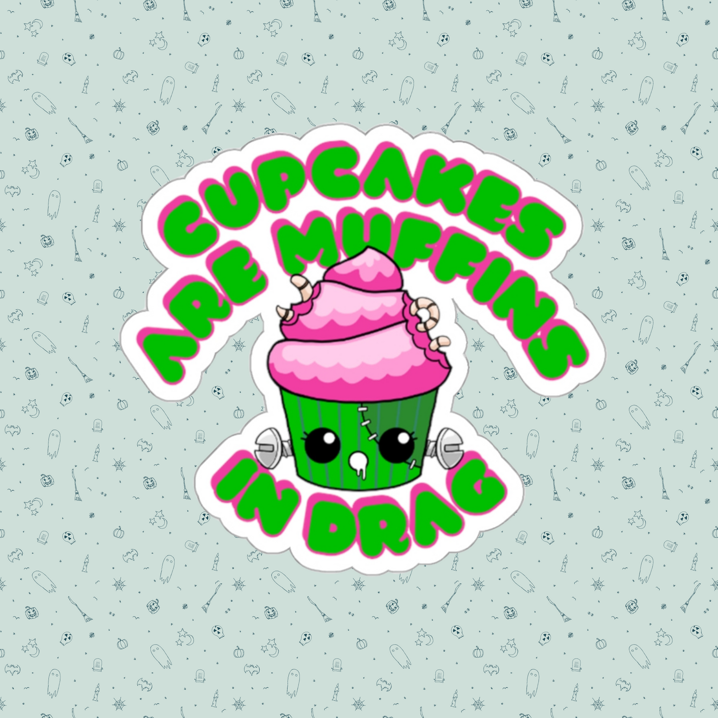 Franken-zombie Drag Cupcake Couture Die-Cut Sticker | Cupcakes are Muffins in Drag | Drag Queen Stickers | Spooky Halloween Pastry | Monster Cupcake Madness