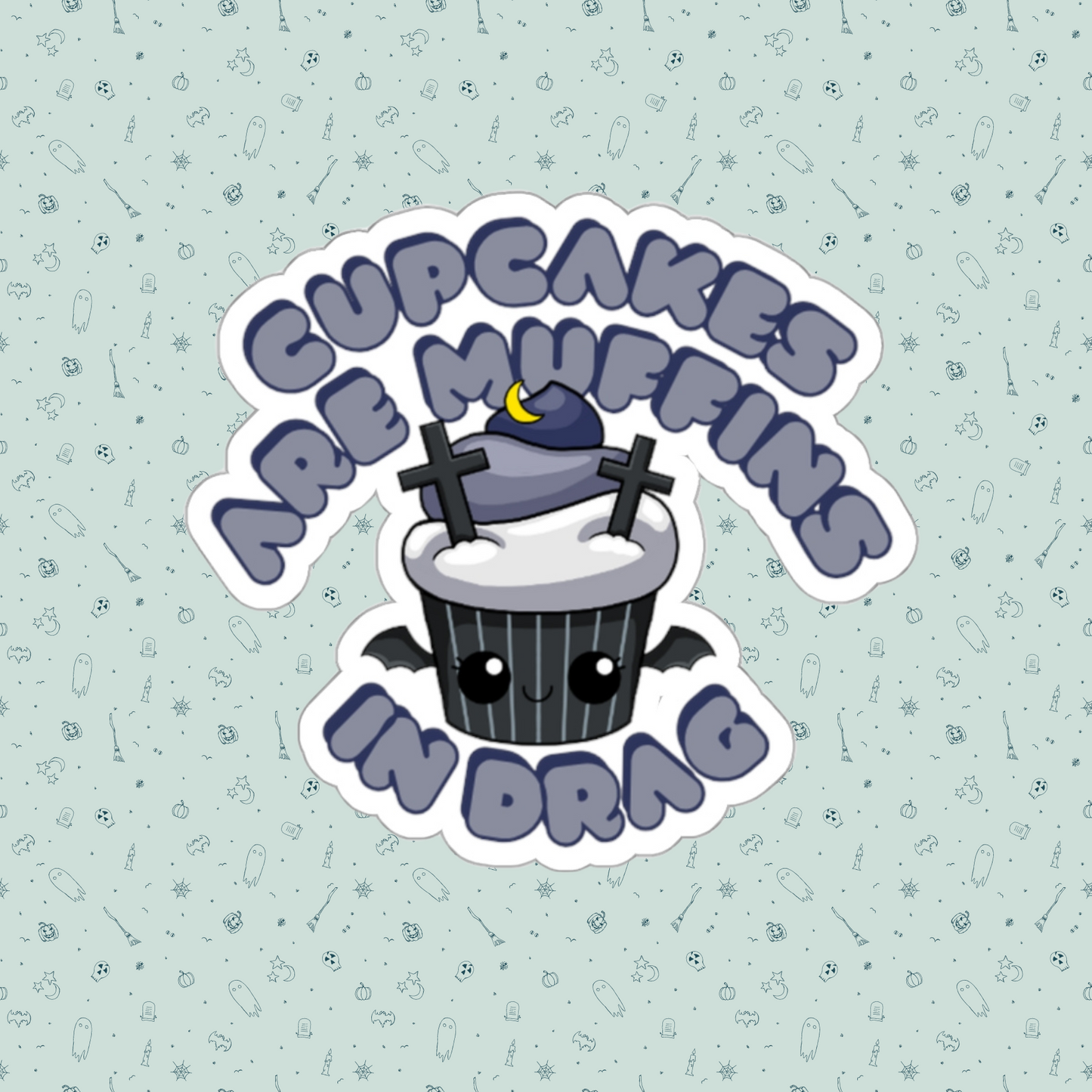 Graveyard Pinstripe Drag Cupcake Couture Die-Cut Sticker | Cupcakes are Muffins in Drag | Drag Queen Stickers | Spooky Halloween Pastry | Monster Cupcake Madness