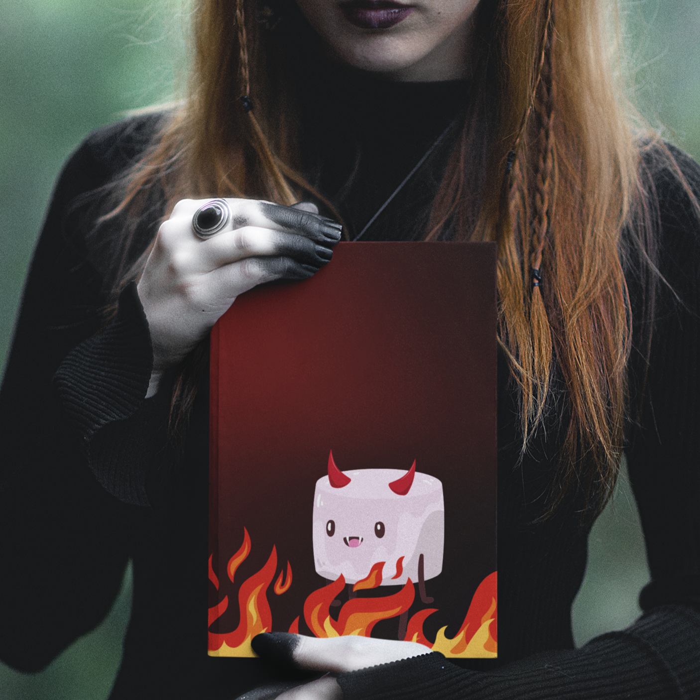 Toasted Marshmallow of Darkness Hardcover Journal Notebook Matte | Cute Creepy Diary | Weirdcore Subversive Blank Lined Notebook | Evil Marshmallow Enjoys a Stroll Through Fire